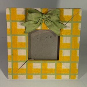 🖼️🧺 VINTAGE GOLD & WHITE GREEN BOW 3 X 3 INCH BABY WOODEN PICTURE FRAME 🧺🖼️